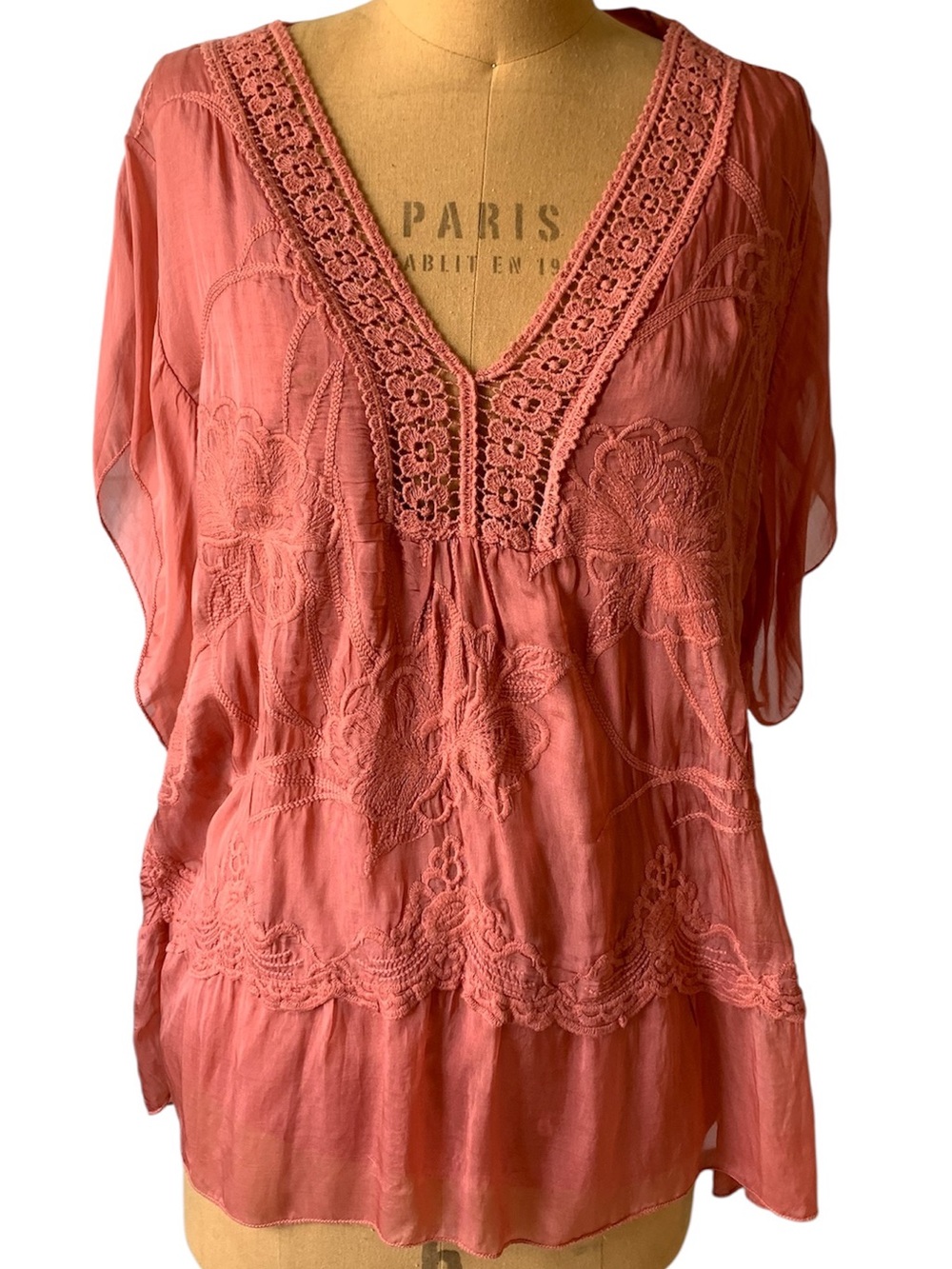 Womens Coral Embroidered V-Neck Blouse